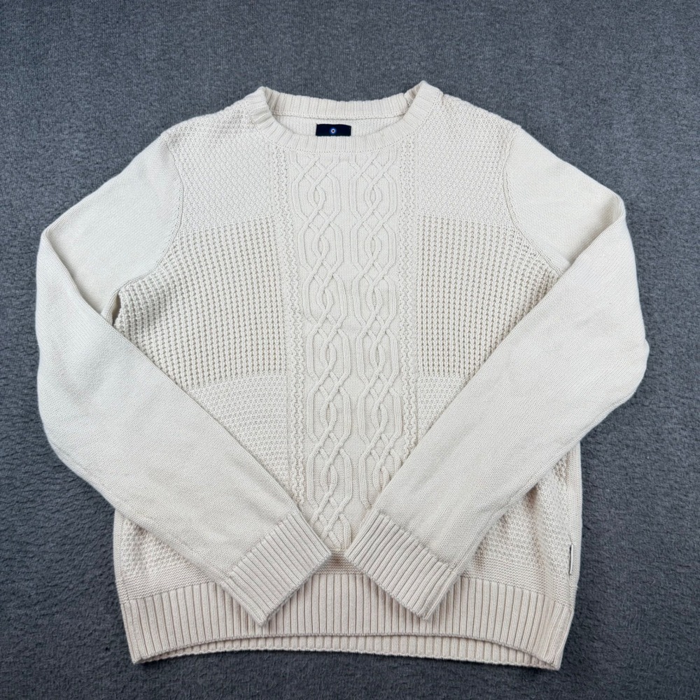 Ben Sherman Sweater Men's Medium Ivory Cable Waffle Mixed Knit Cotton Crew Neck